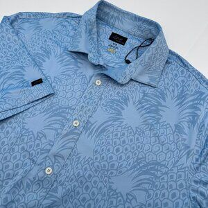 NWOT Greg Norman Play Dry Button Up Pineapple Print Golf Shirt, Size M, Sky Blue